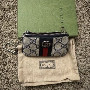 Gucci Beige and Navy Key Pouch with Red Stripe